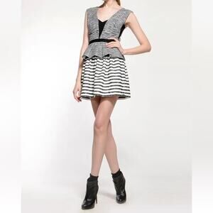 BCBGMAXAZRIA Piper White Black Peplum Mini A- Line Dress Size 4